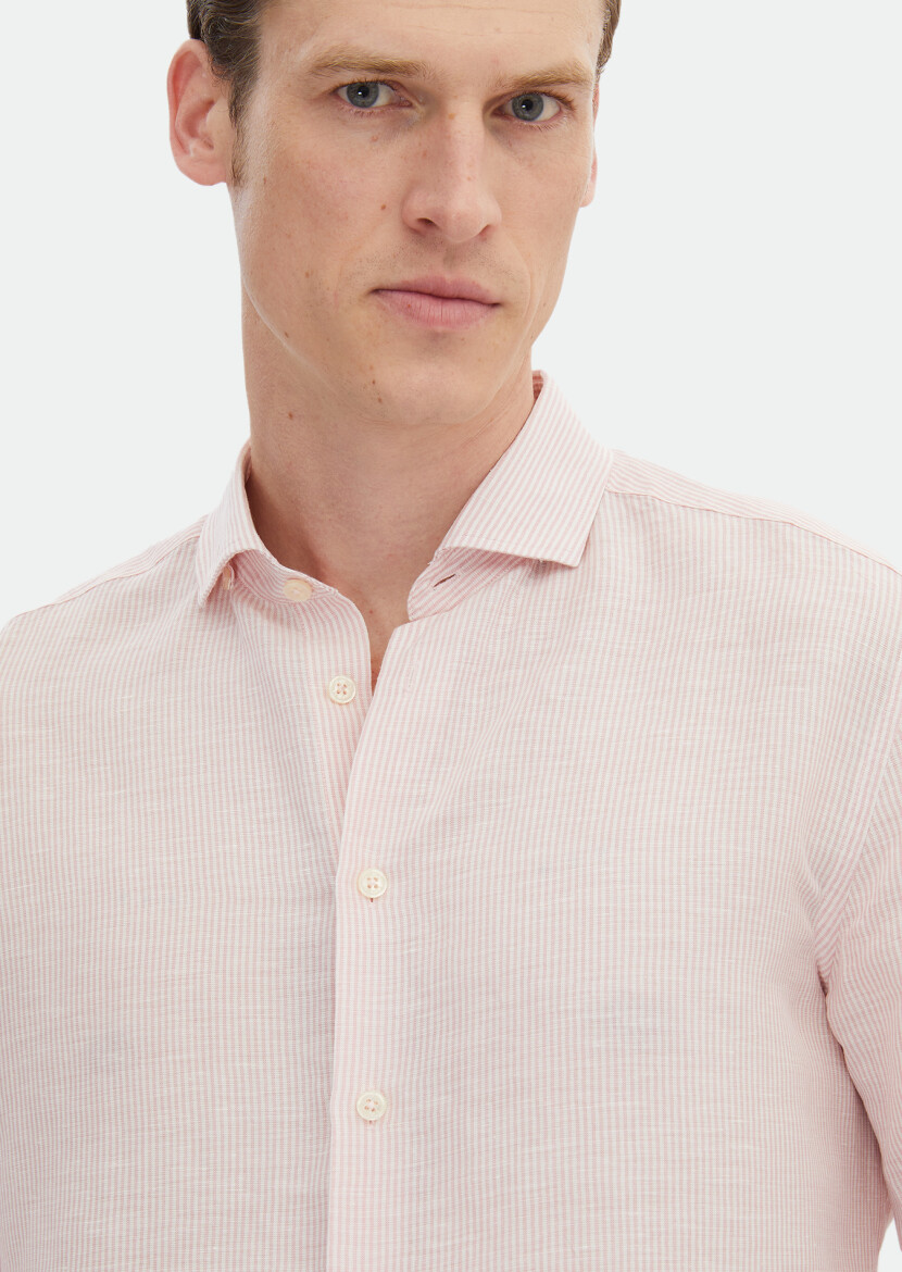 Pink Striped Regular Fit Long Weaving Casual Linen Blended Shirt - 4