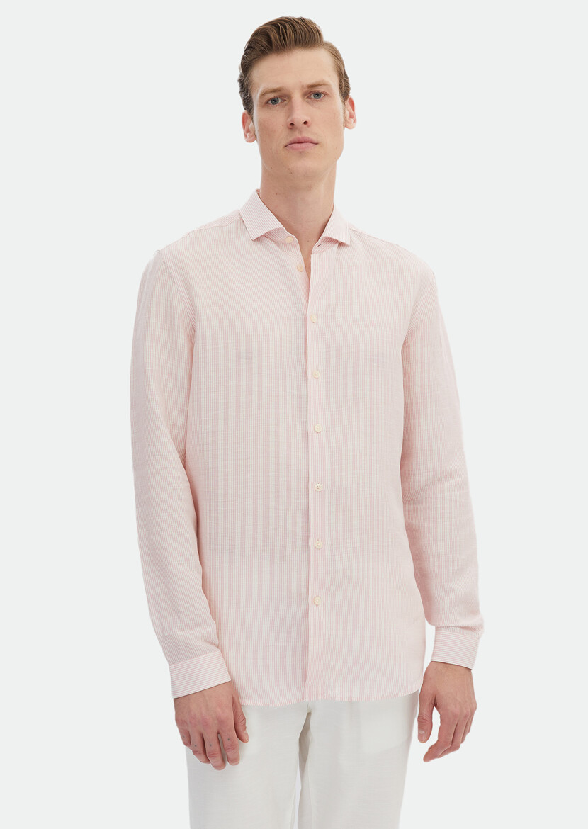 Pink Striped Regular Fit Weaving Casual Linen Blended Shirt - 3