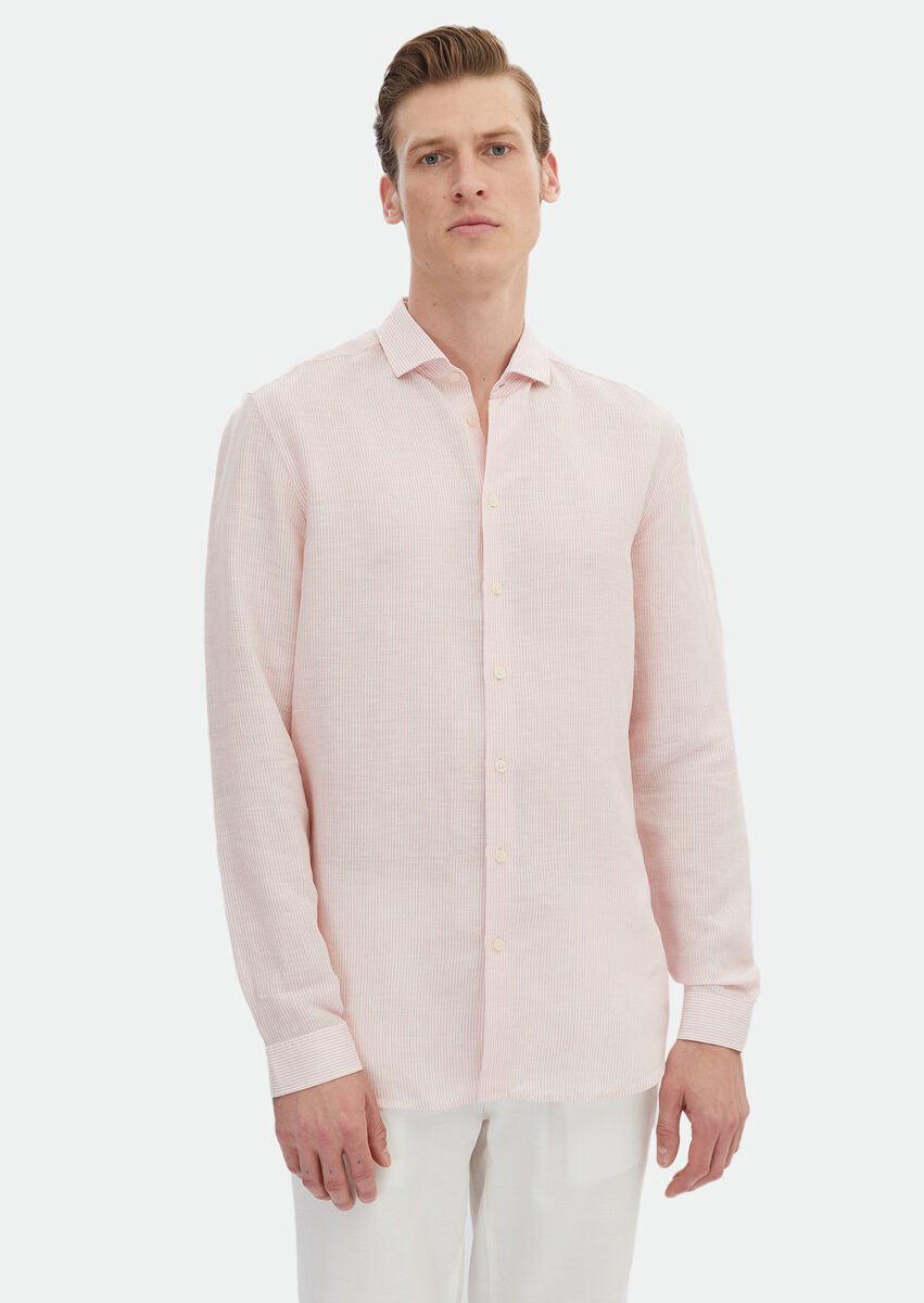 Pink Striped Regular Fit Weaving Casual Linen Blended Shirt - 3