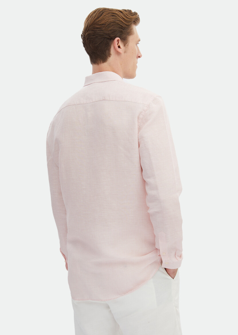 Pink Striped Regular Fit Weaving Casual Linen Blended Shirt - 5