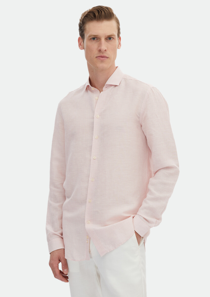 Pink Striped Regular Fit Weaving Casual Linen Blended Shirt 