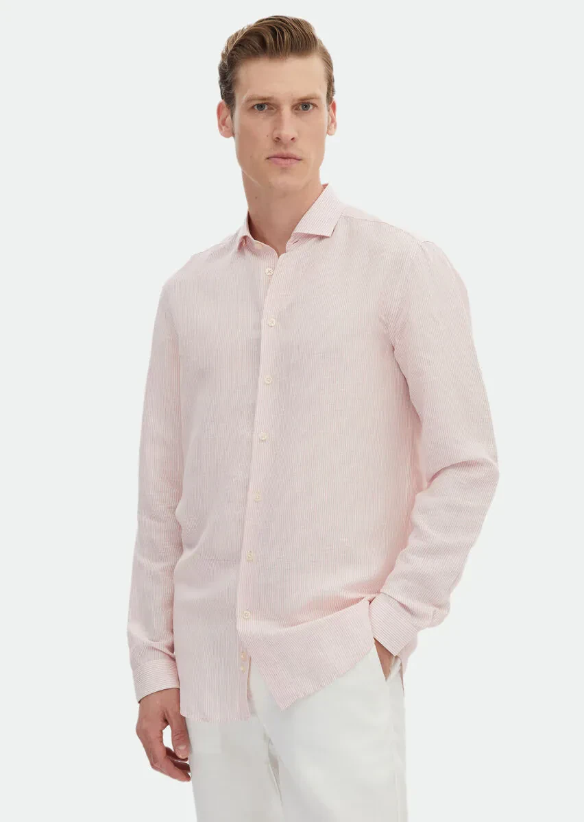 Pink Striped Regular Fit Weaving Casual Linen Blended Shirt - 1