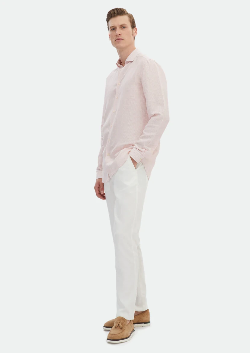 Pink Striped Regular Fit Weaving Casual Linen Blended Shirt 