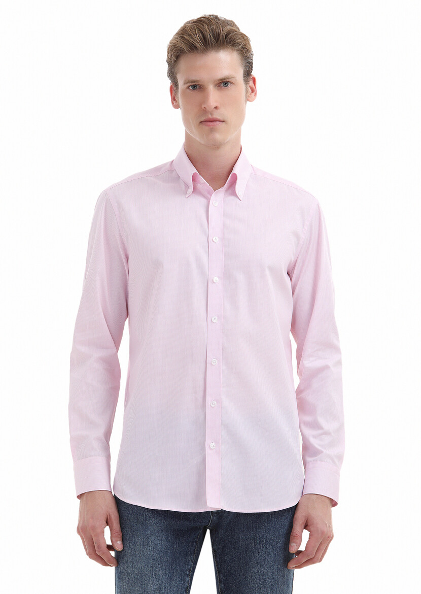 Pink Striped Regular Fit Weaving Classical 100% Cotton Shirt - 2