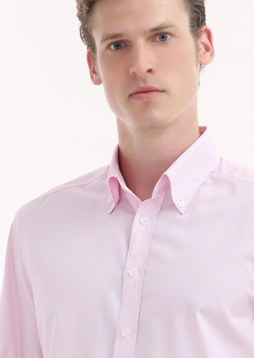Pink Striped Regular Fit Weaving Classical 100% Cotton Shirt - 3