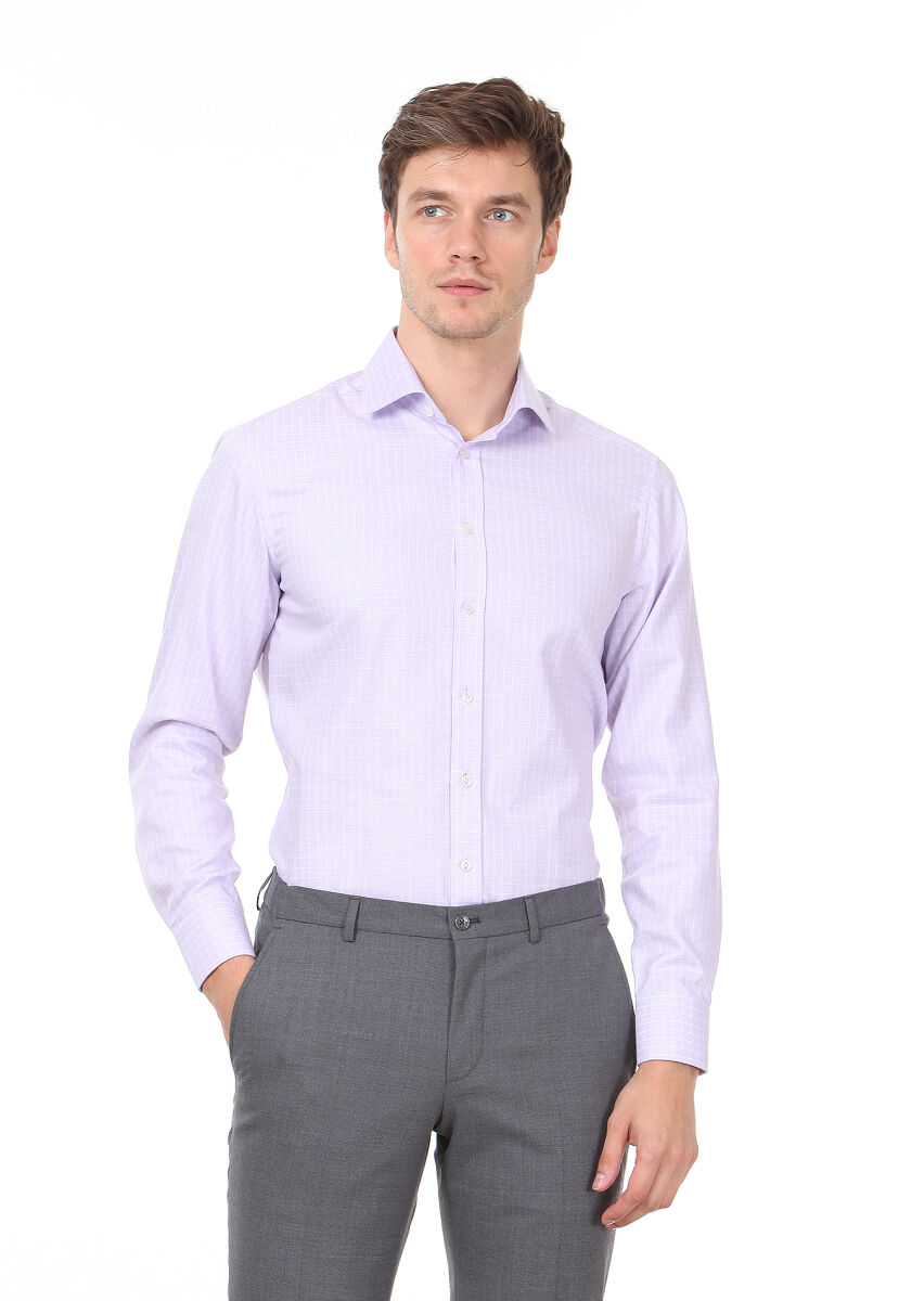 Purple Checkered Regular Fit Long Weaving Classical 100% Cotton Shirt - 1