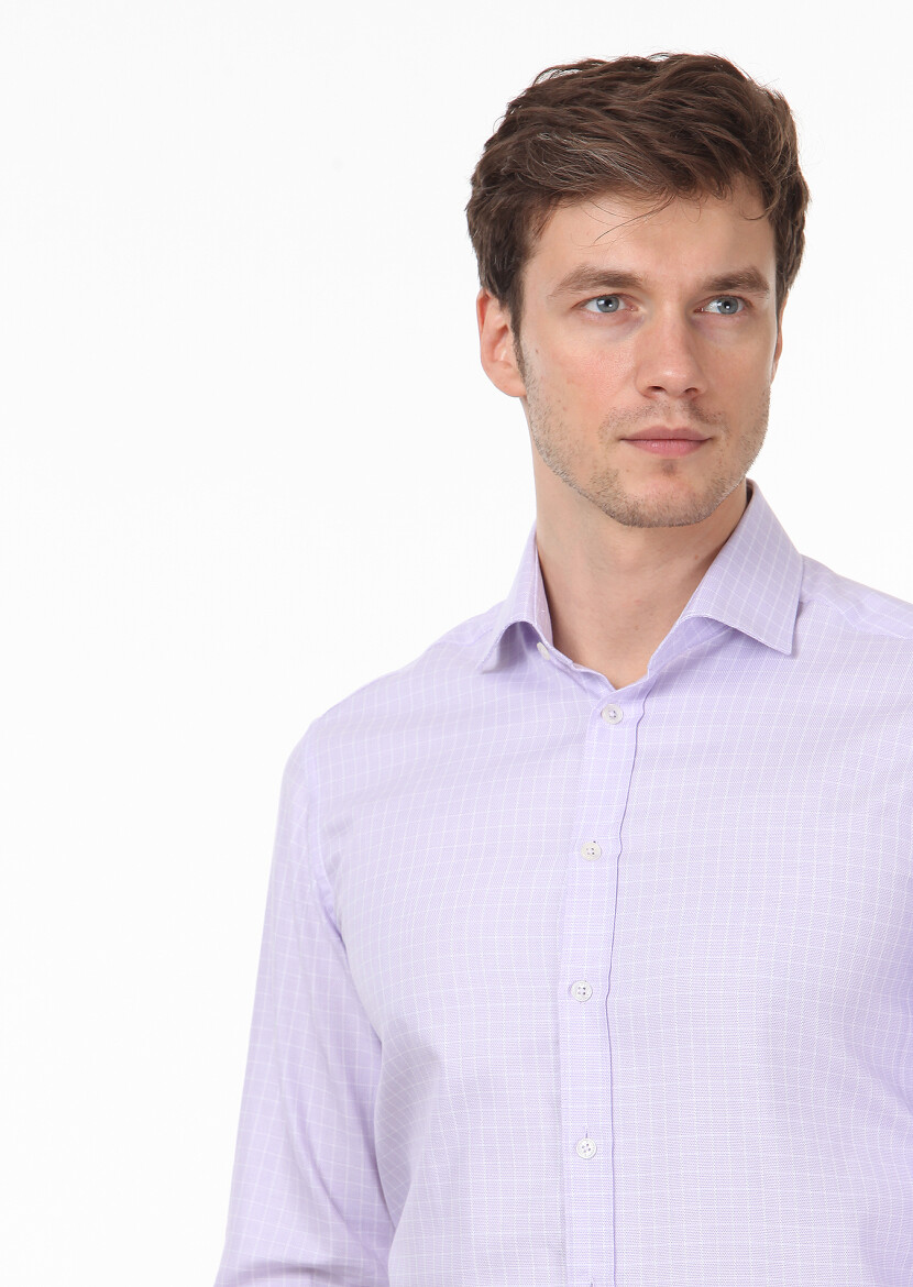 Purple Checkered Regular Fit Long Weaving Classical 100% Cotton Shirt - 3