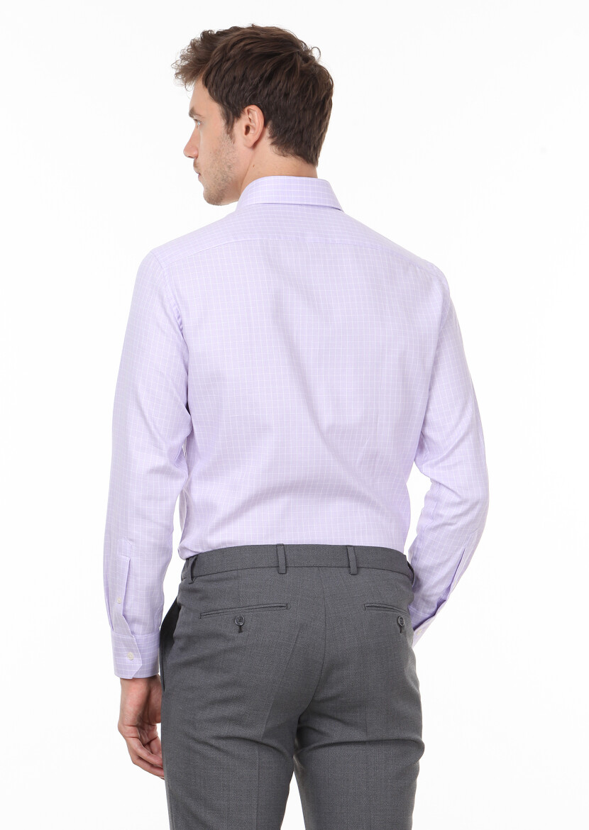 Purple Checkered Regular Fit Long Weaving Classical 100% Cotton Shirt - 4
