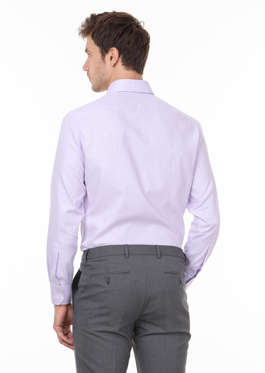Purple Checkered Regular Fit Long Weaving Classical 100% Cotton Shirt - 4