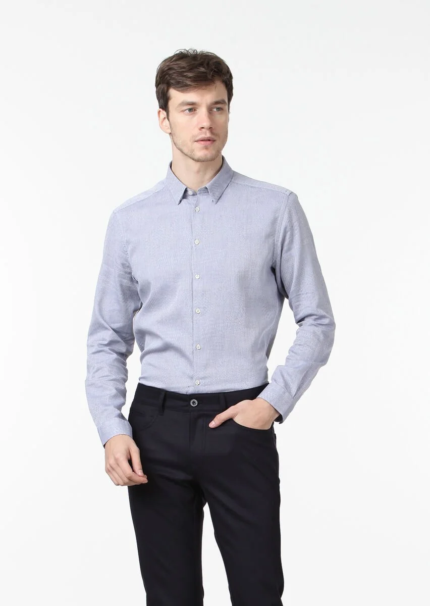 Purple Patterned Fitted Fit Weaving Casual 100% Cotton Shirt - 1