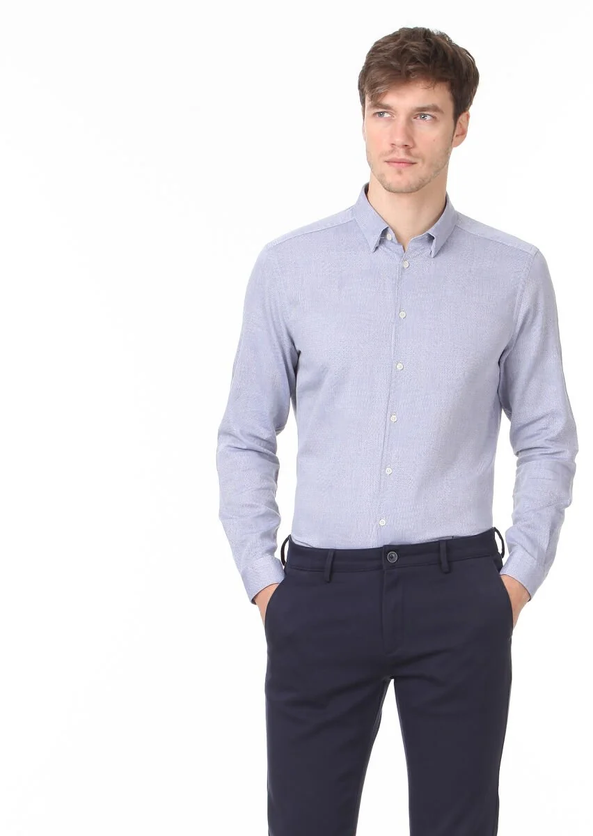 Purple Patterned Fitted Fit Weaving Casual 100% Cotton Shirt - 3