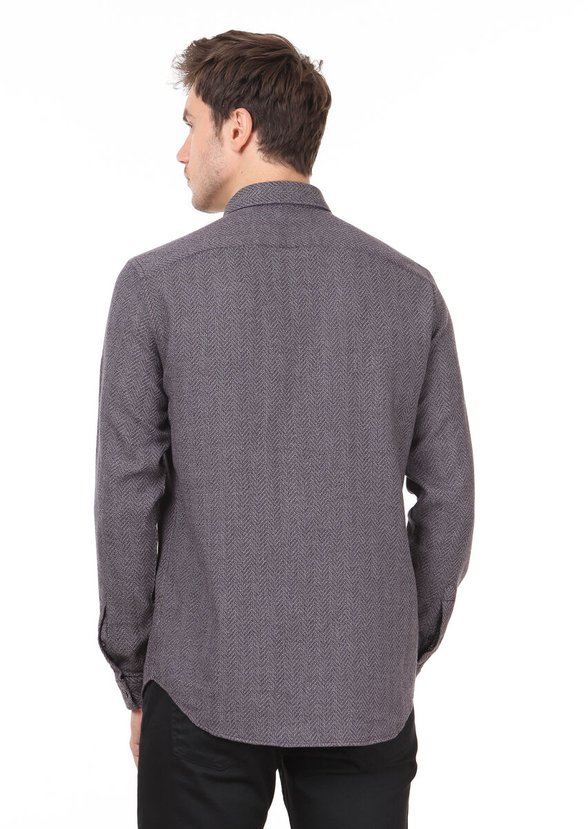 Purple Patterned Regular Fit Long Weaving Casual 100% Cotton Shirt - 4