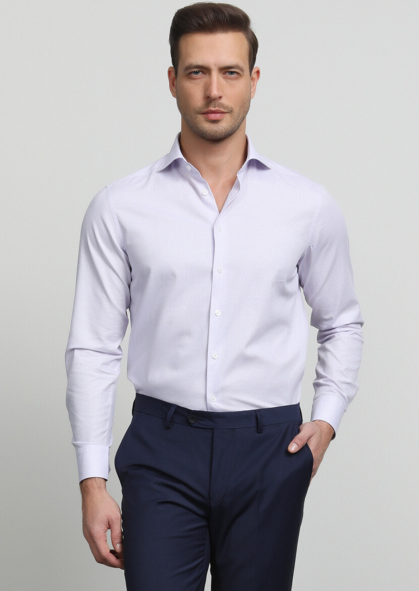 Purple Patterned Regular Fit Long Weaving Classical 100% Cotton Shirt - 1