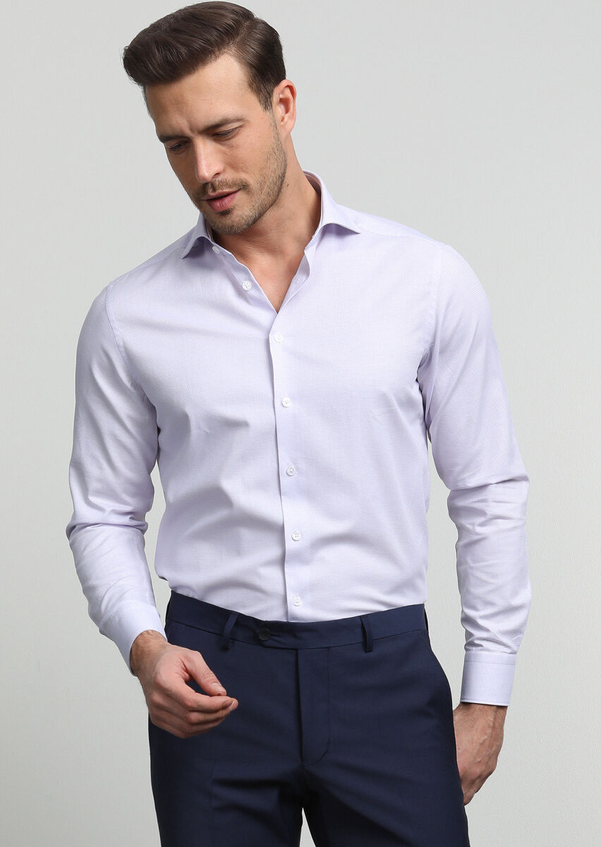 Purple Patterned Regular Fit Long Weaving Classical 100% Cotton Shirt - 2