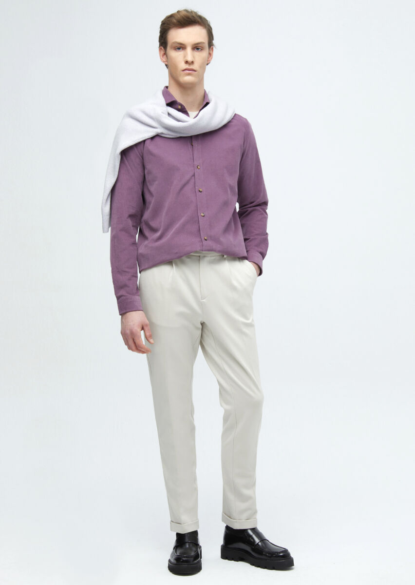 Purple Plain Casual Fit Long Weaving Casual 100% Cotton Shirt - 2