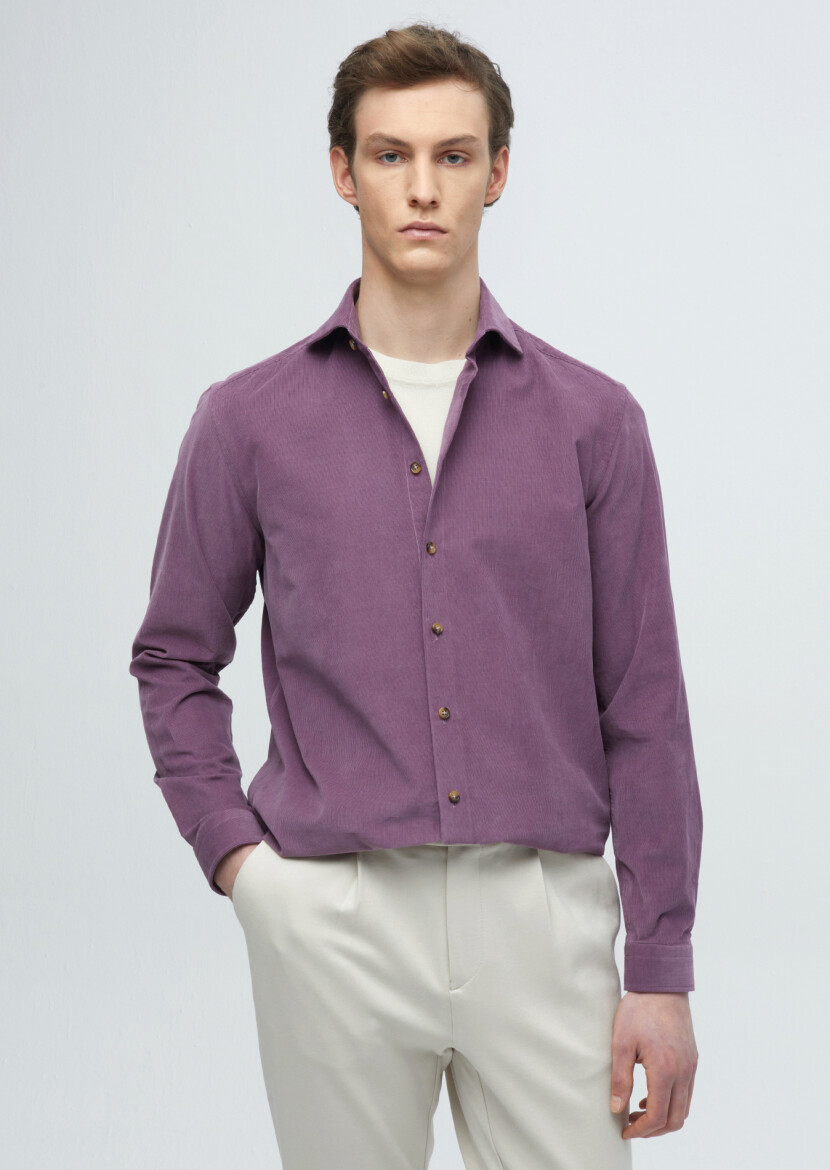 Purple Plain Casual Fit Long Weaving Casual 100% Cotton Shirt - 3