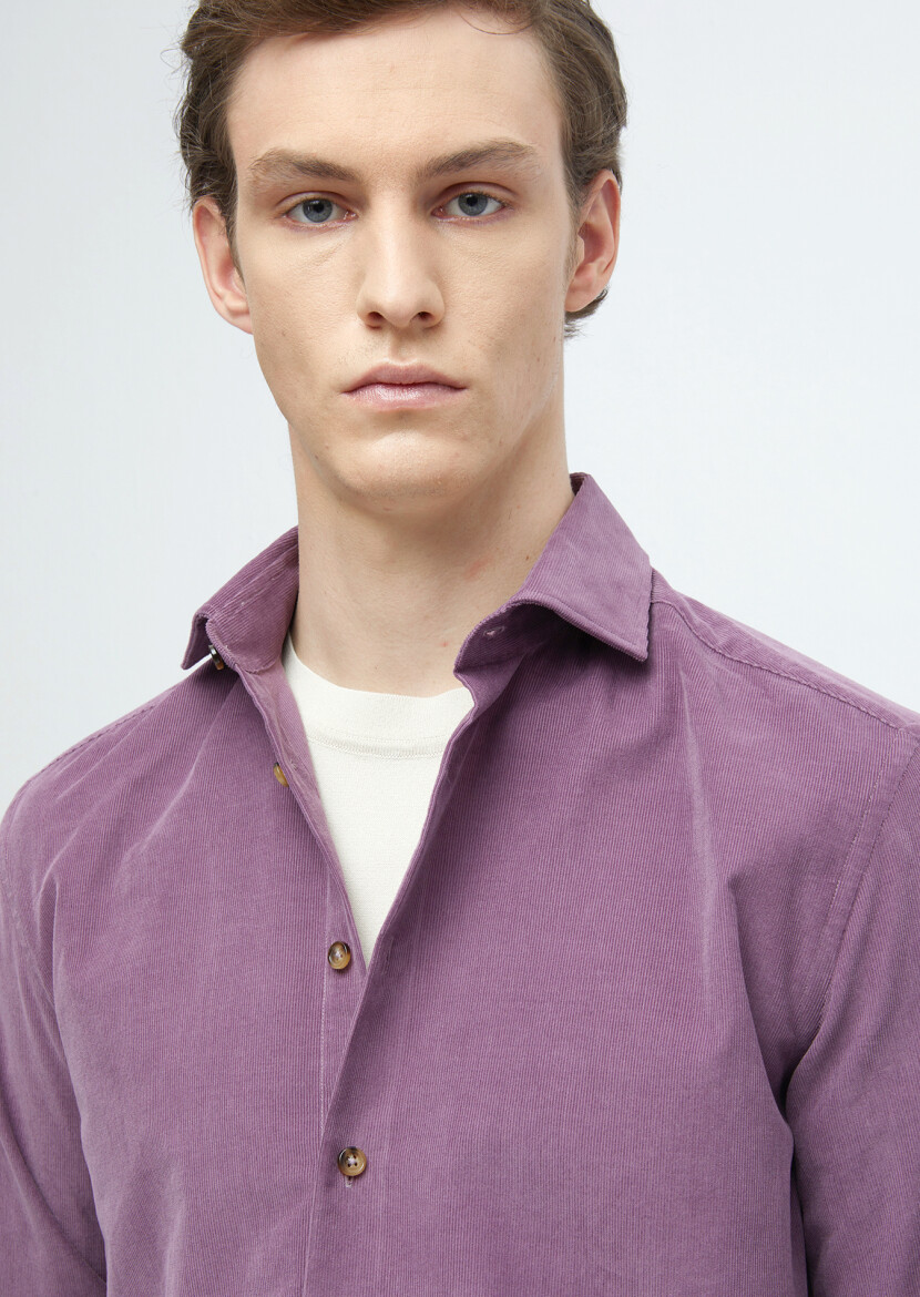 Purple Plain Casual Fit Long Weaving Casual 100% Cotton Shirt - 4