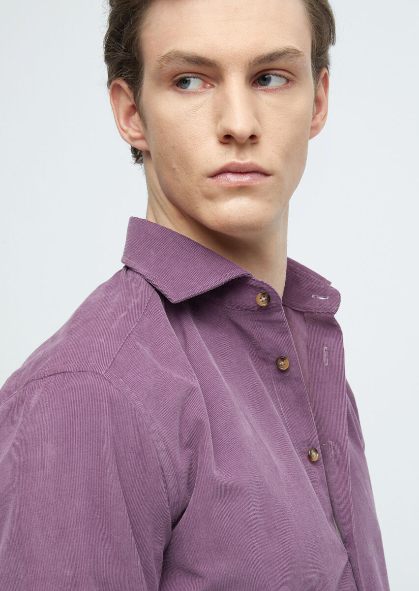 Purple Plain Casual Fit Long Weaving Casual 100% Cotton Shirt - 5