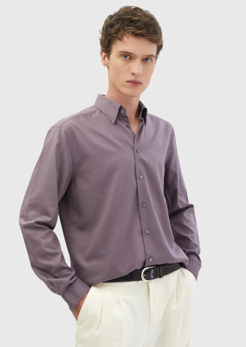 Purple Plain Casual Fit Long Weaving Casual Cotton Blended Shirt - RAMSEY