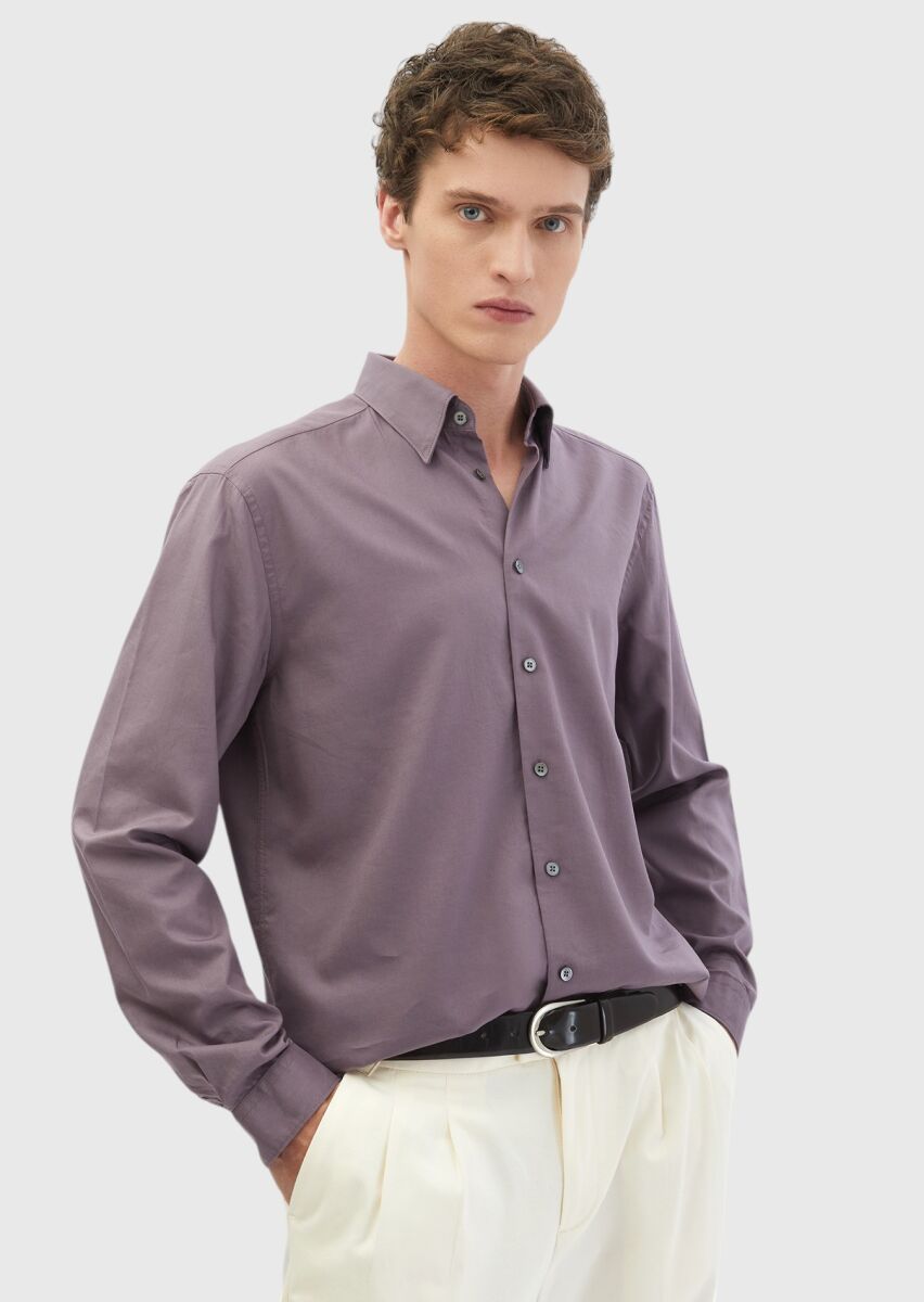 Purple Plain Casual Fit Long Weaving Casual Cotton Blended Shirt - 1