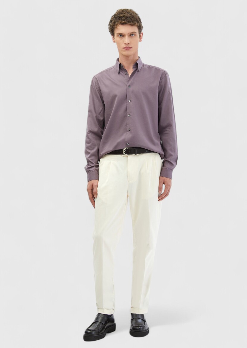 Purple Plain Casual Fit Long Weaving Casual Cotton Blended Shirt - RAMSEY