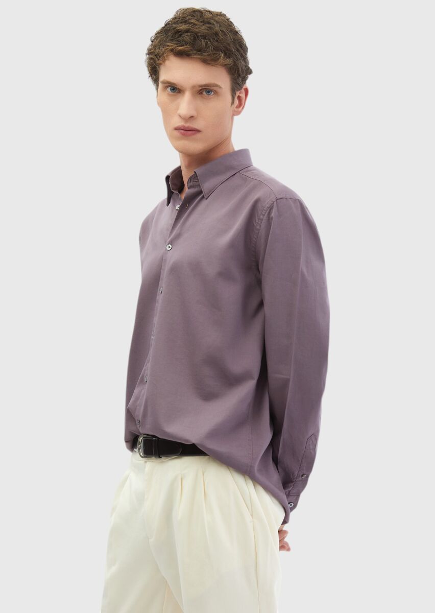 Purple Plain Casual Fit Long Weaving Casual Cotton Blended Shirt - 3