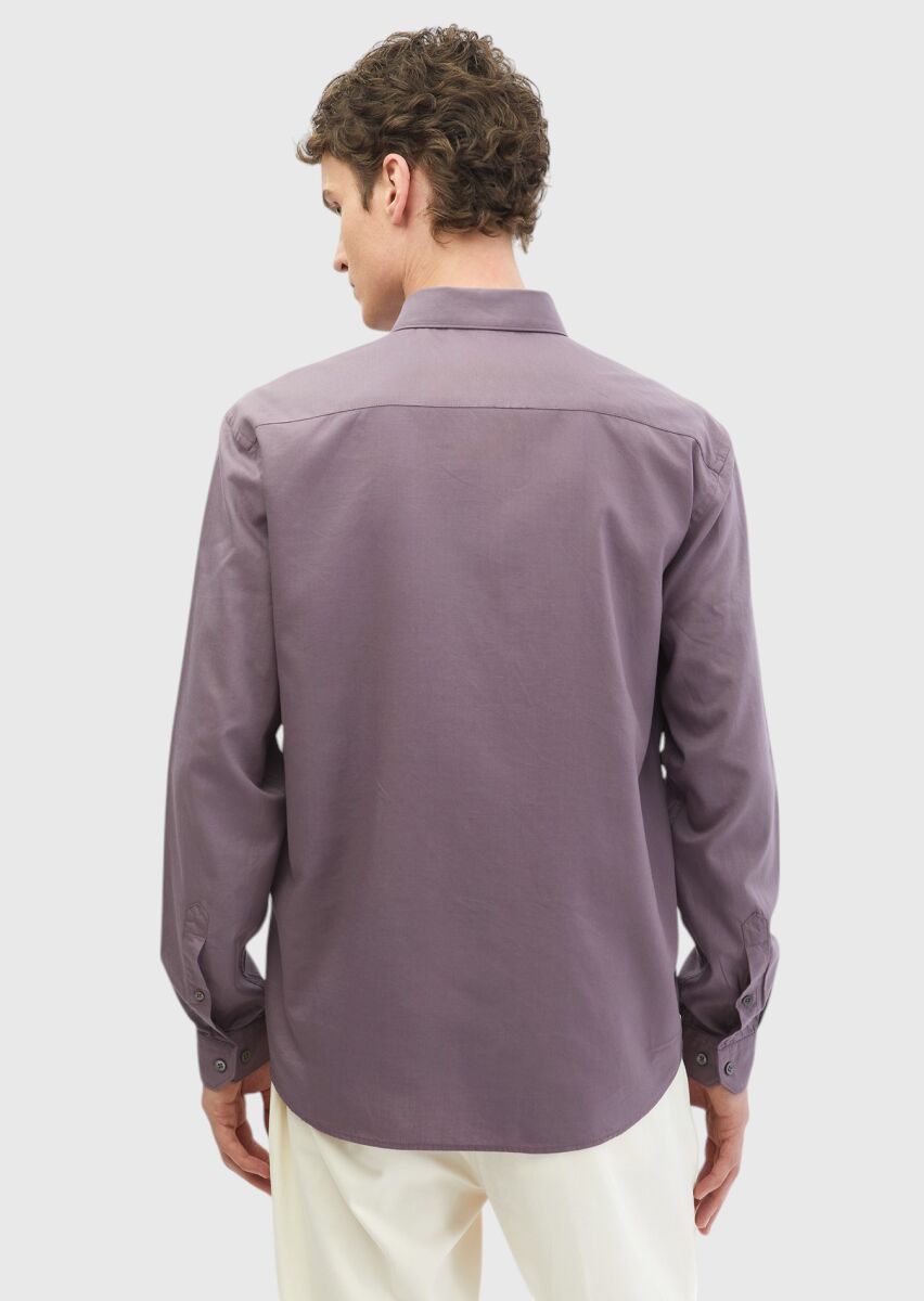 Purple Plain Casual Fit Long Weaving Casual Cotton Blended Shirt - 5