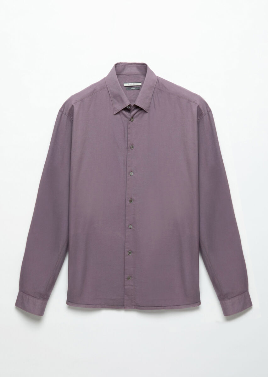 Purple Plain Casual Fit Long Weaving Casual Cotton Blended Shirt - 6