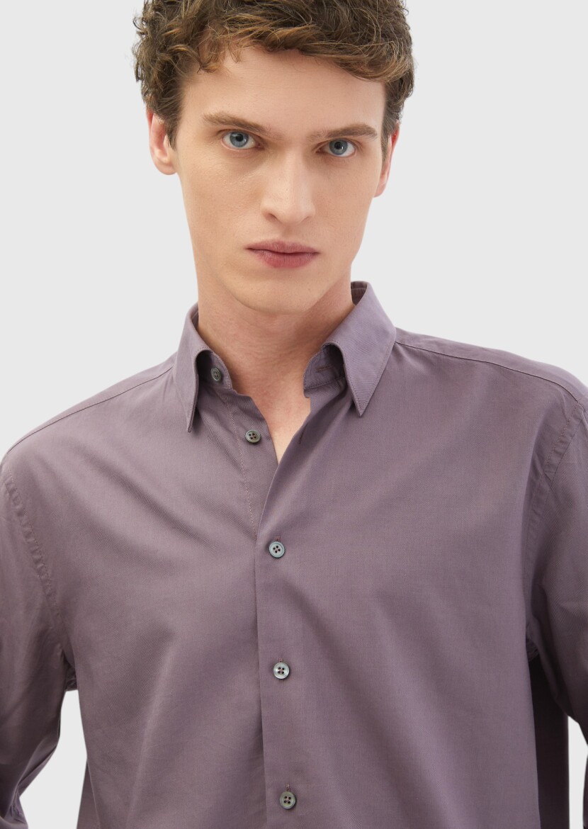 Purple Plain Casual Fit Weaving Casual Cotton Blended Shirt - 4