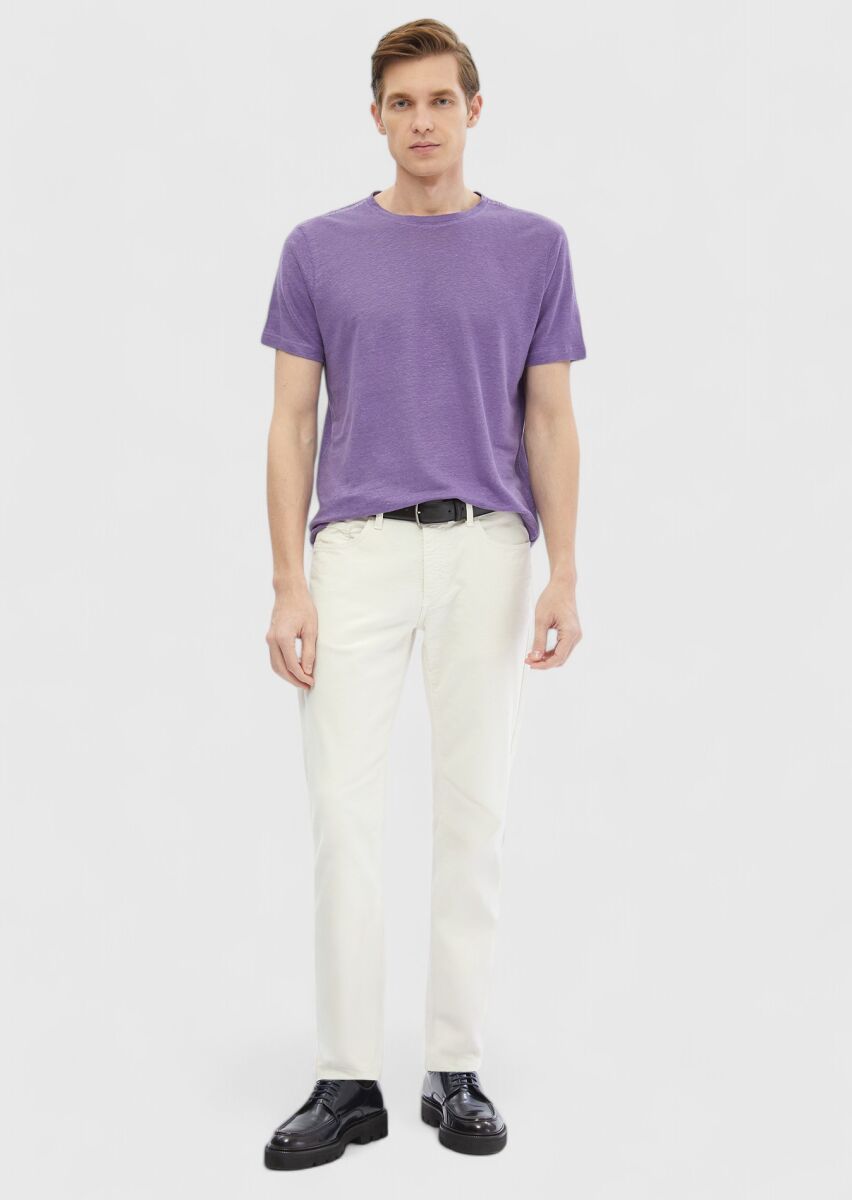 Purple Plain Crew Neck 100% Linen T-Shirt - 2