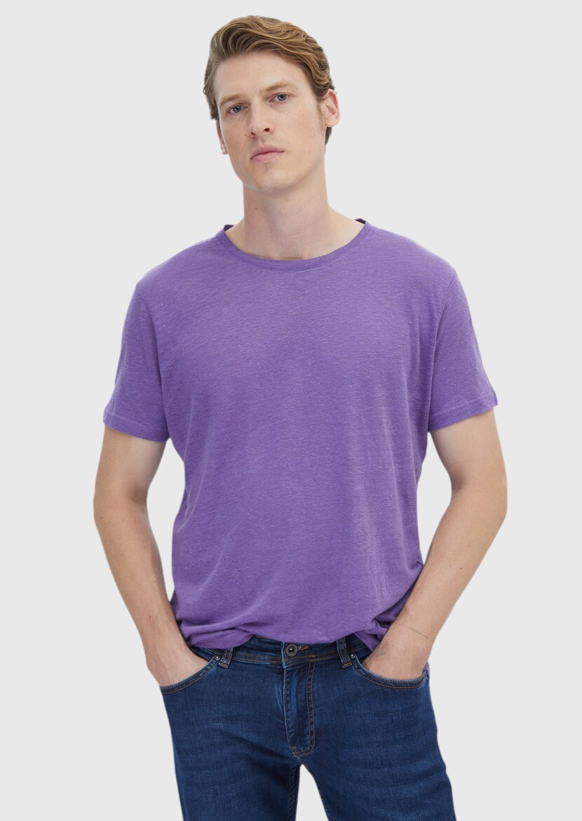 Purple Plain Crew Neck 100% Linen T-Shirt 