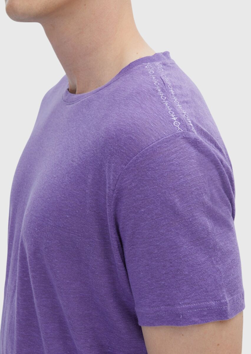 Purple Plain Crew Neck 100% Linen T-Shirt - 4