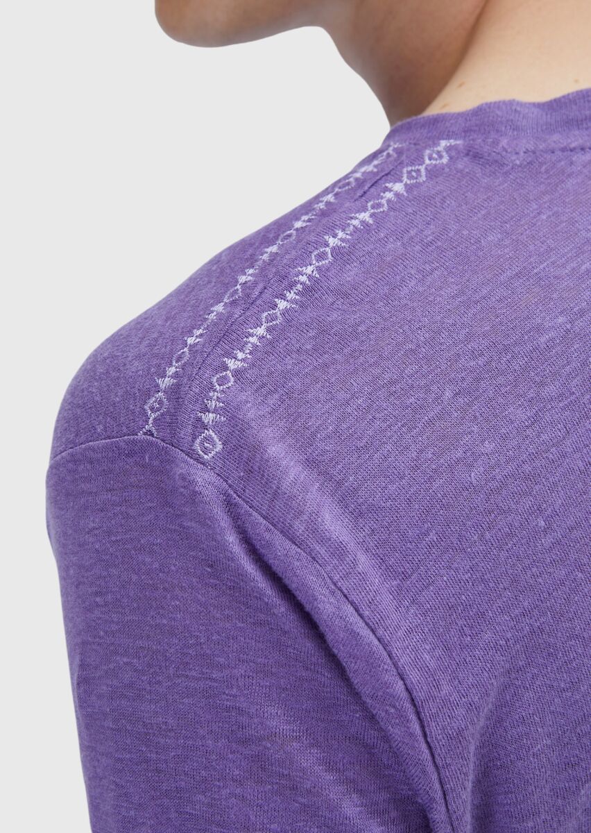 Purple Plain Crew Neck 100% Linen T-Shirt - 5