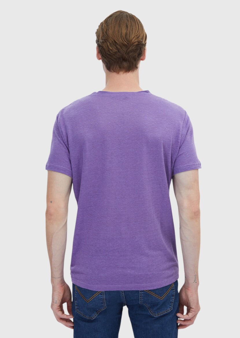 Purple Plain Crew Neck 100% Linen T-Shirt - 6