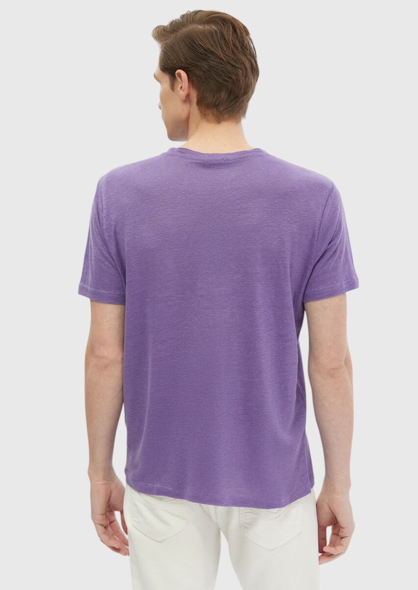 Purple Plain Crew Neck 100% Linen T-Shirt - 7