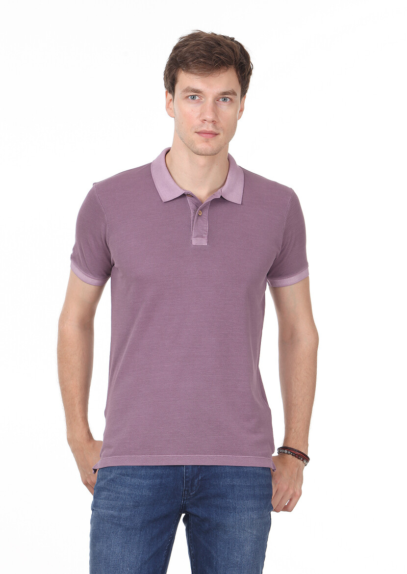 Purple Plain Polo Neck 100% Cotton T-Shirt - 1