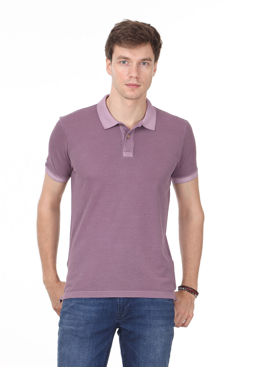 Purple Plain Polo Neck 100% Cotton T-Shirt - 1