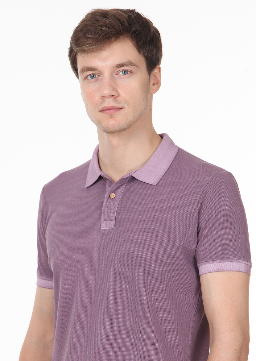 Purple Plain Polo Neck 100% Cotton T-Shirt - 2