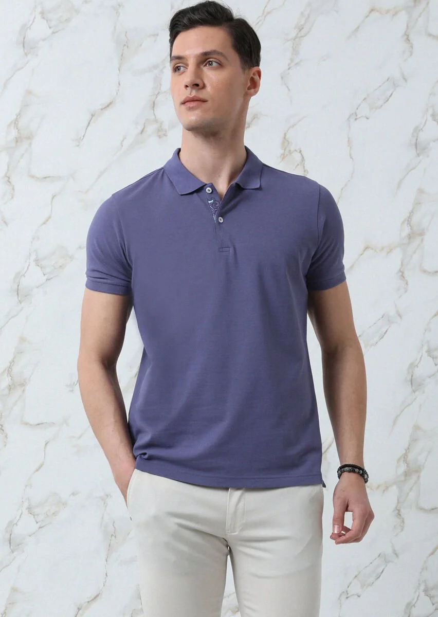 Purple Plain Polo Neck 100% Cotton T-Shirt - 1