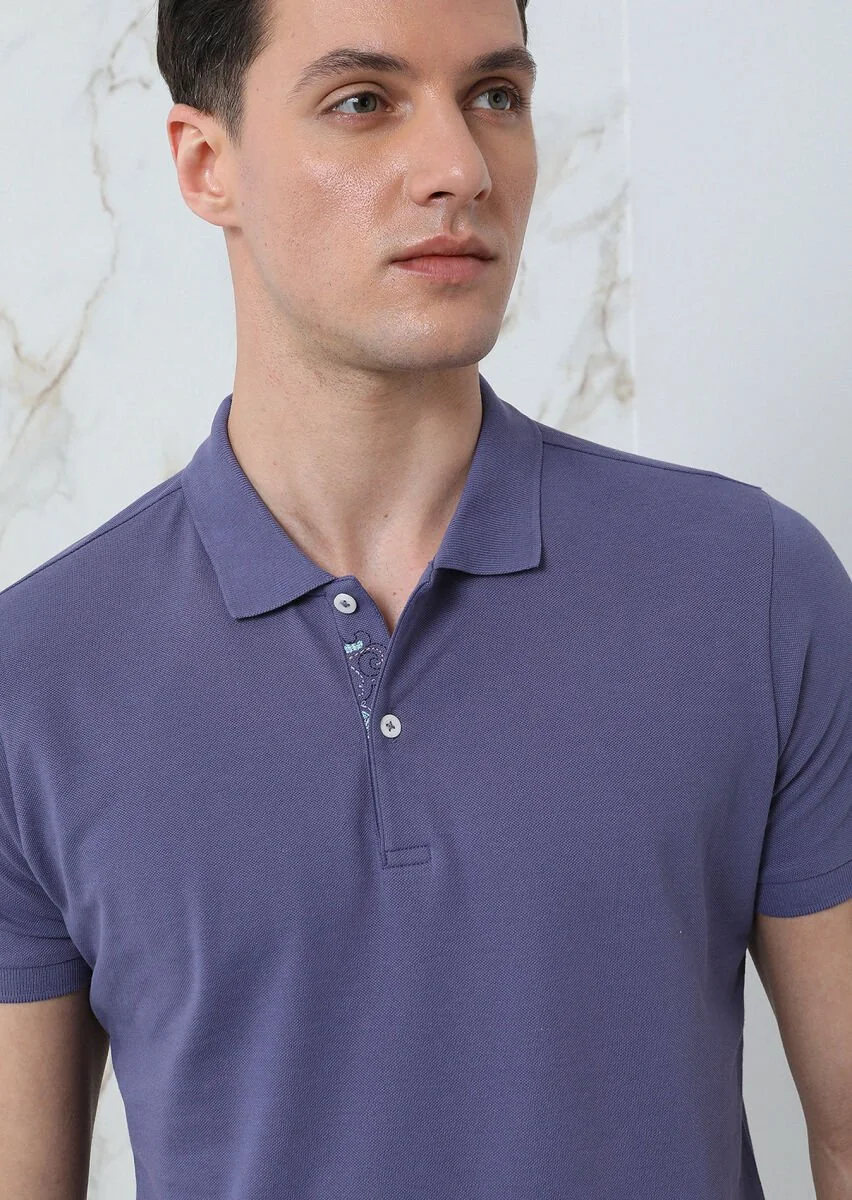 Purple Plain Polo Neck 100% Cotton T-Shirt - 2