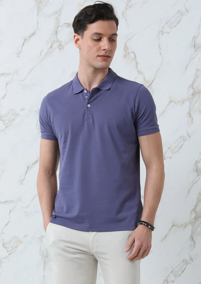 Purple Plain Polo Neck 100% Cotton T-Shirt - 4