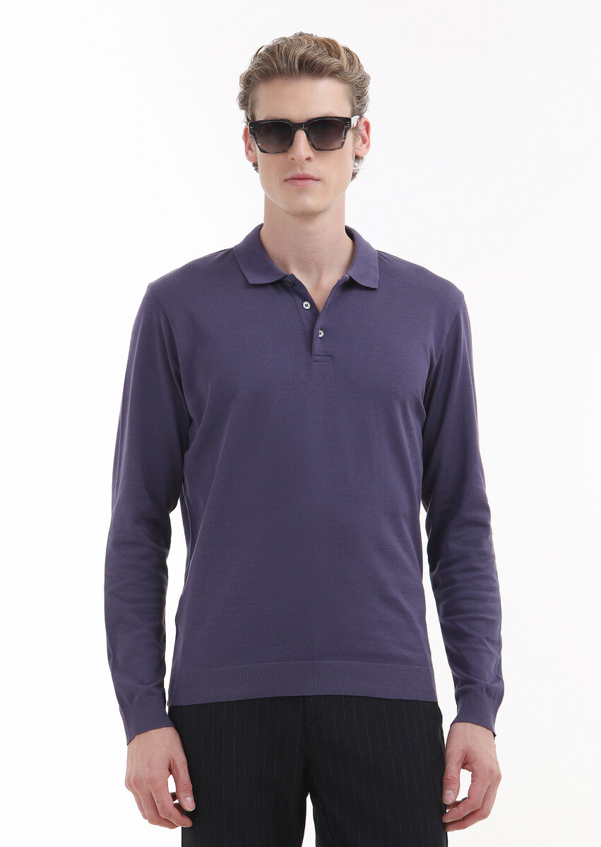 Purple Plain Polo Neck 100% Cotton T-Shirt - 1