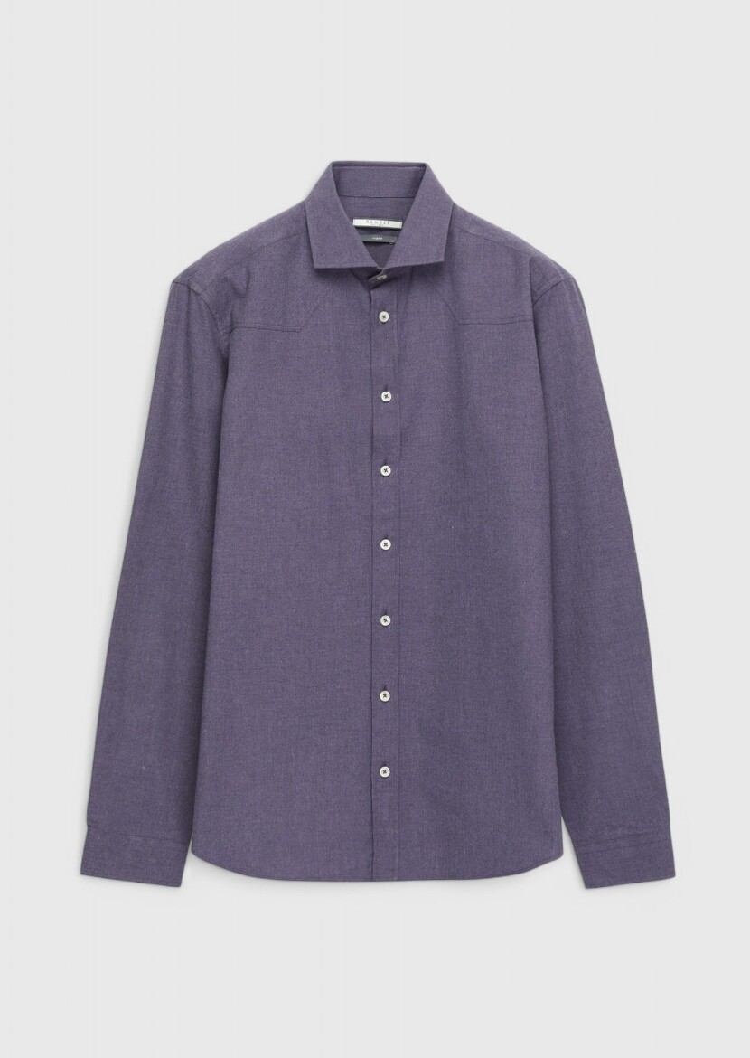 Purple Plain Regular Fit Long Weaving Casual 100% Cotton Shirt 