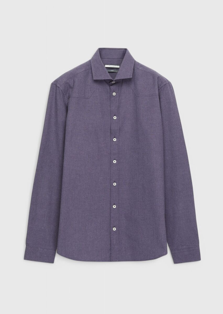 Purple Plain Regular Fit Long Weaving Casual 100% Cotton Shirt - 1