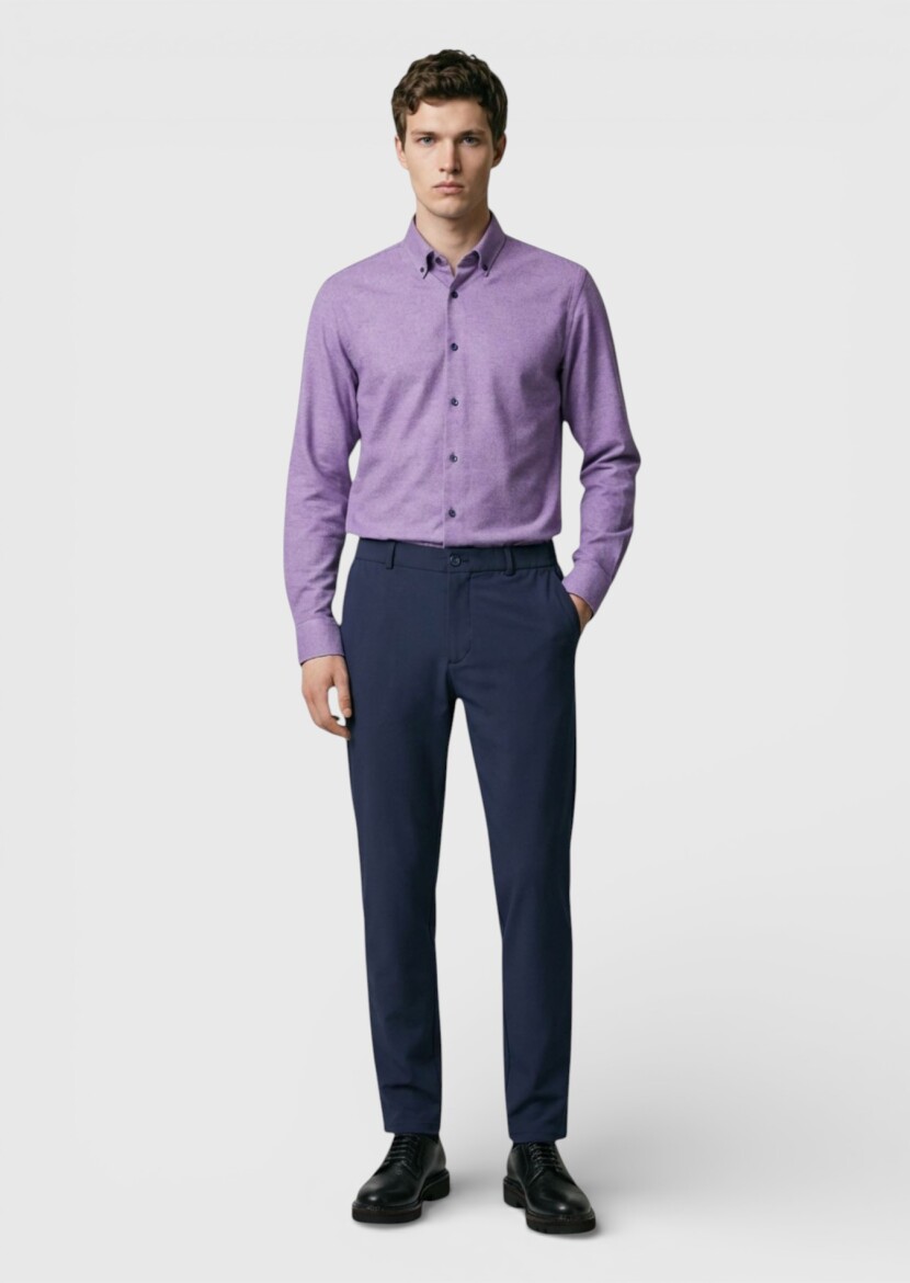 Purple Plain Regular Fit Long Weaving Casual 100% Cotton Shirt - 3