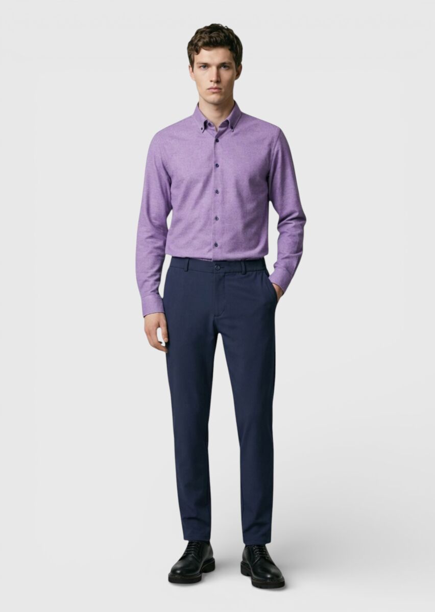 Purple Plain Regular Fit Long Weaving Casual 100% Cotton Shirt - 3