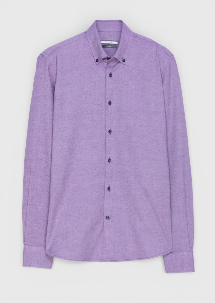 Purple Plain Regular Fit Long Weaving Casual 100% Cotton Shirt - 5