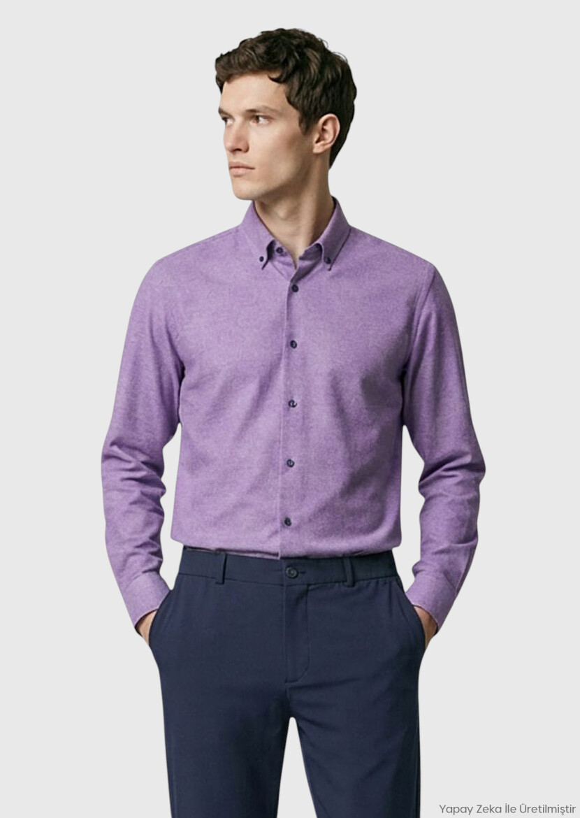 Purple Plain Regular Fit Long Weaving Casual 100% Cotton Shirt 