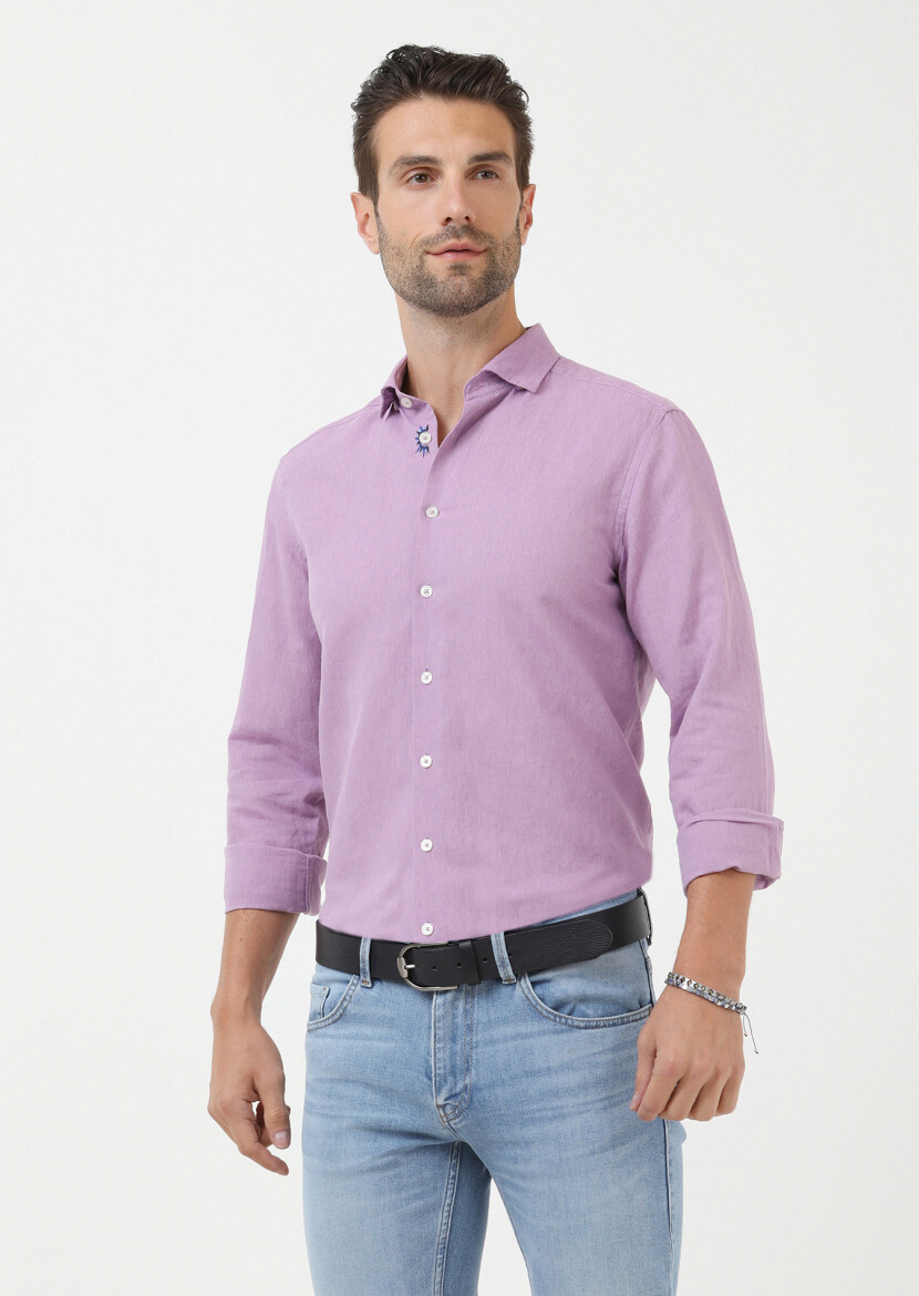 Purple Plain Regular Fit Long Weaving Casual Cotton Blended Shirt - 1