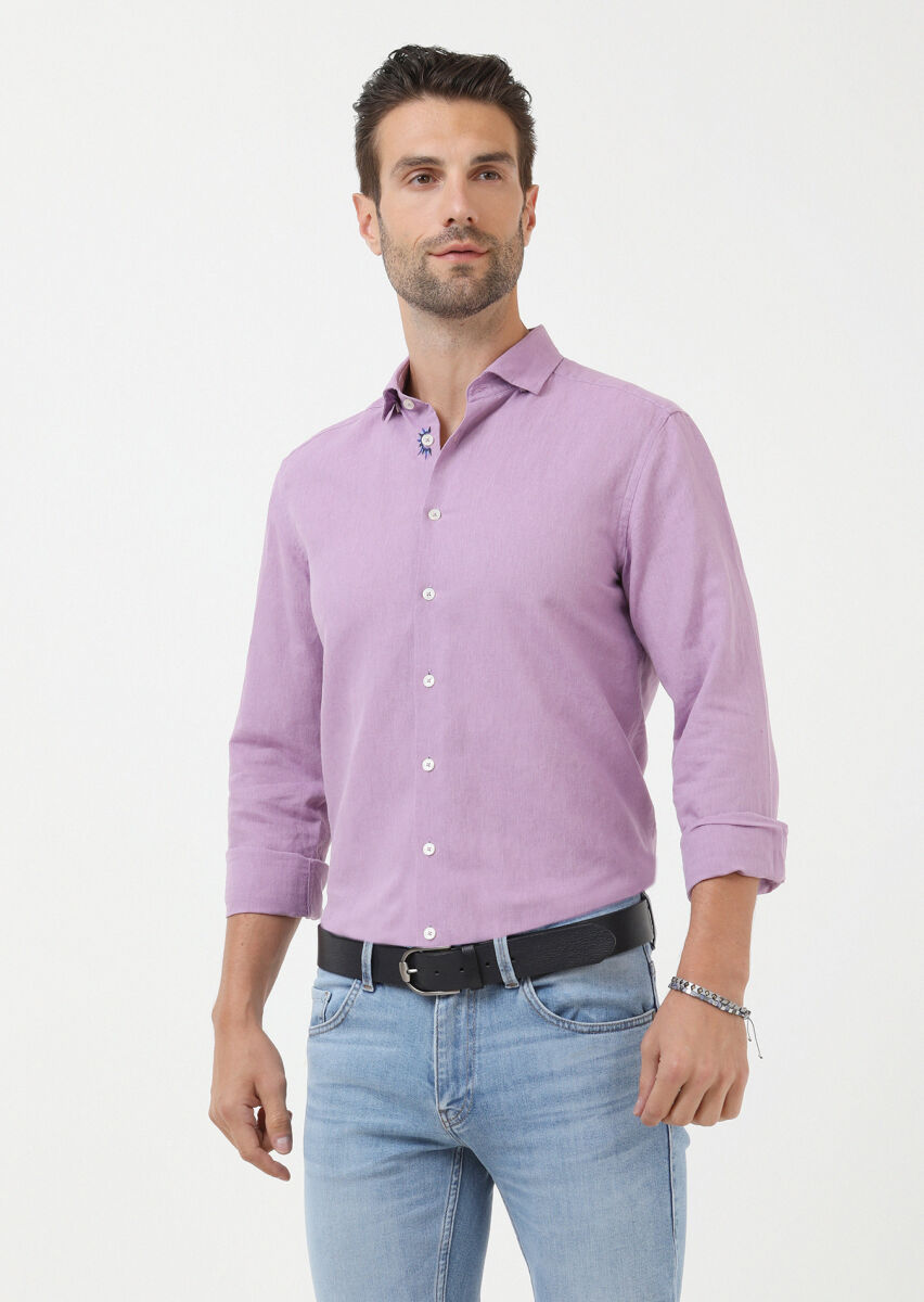 Purple Plain Regular Fit Long Weaving Casual Cotton Blended Shirt - 1